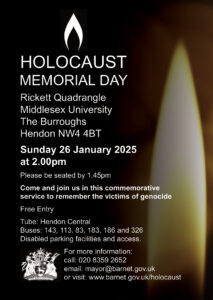 Flyer for Holocaust memorial Day at Rickett Quadrangle, Middlesex University, The Burroughs, Hendon NW4 4BT